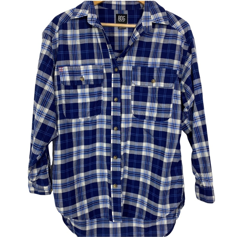 BDG Women’s Blue Plaid Long Sleeves Buttons Hi Low Cotton Shirt size S in EUC - Picture 3 of 11